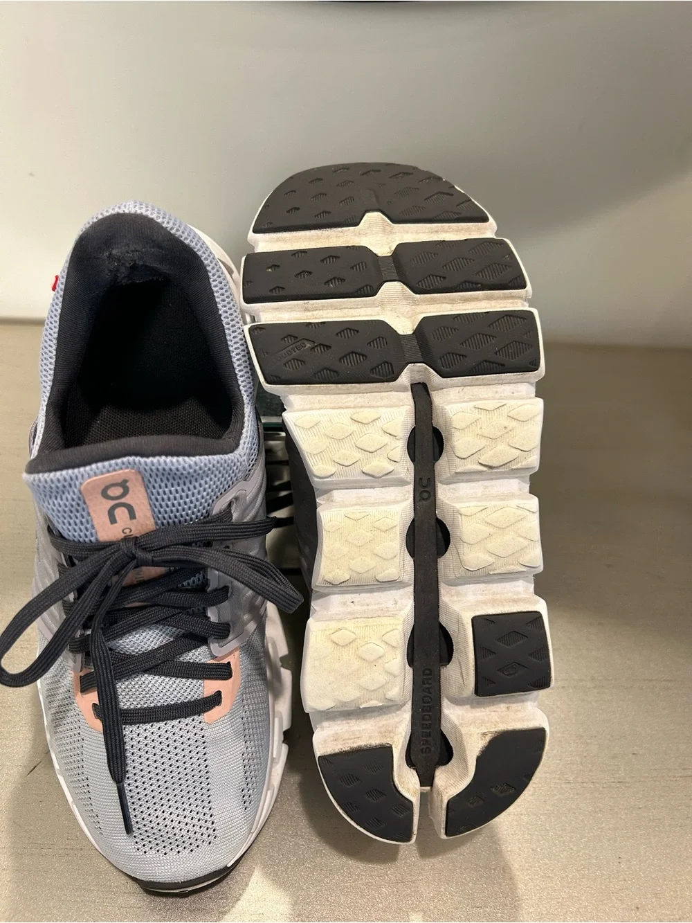 On Running women's Athletic Cloud Shoes in Light Grey with Blush Accents